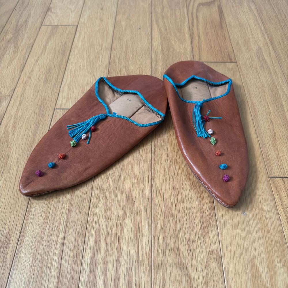 Handmade 42 Brown Leather Moroccan‎ Babouche Tassel Pointed Toe Slipper Mules